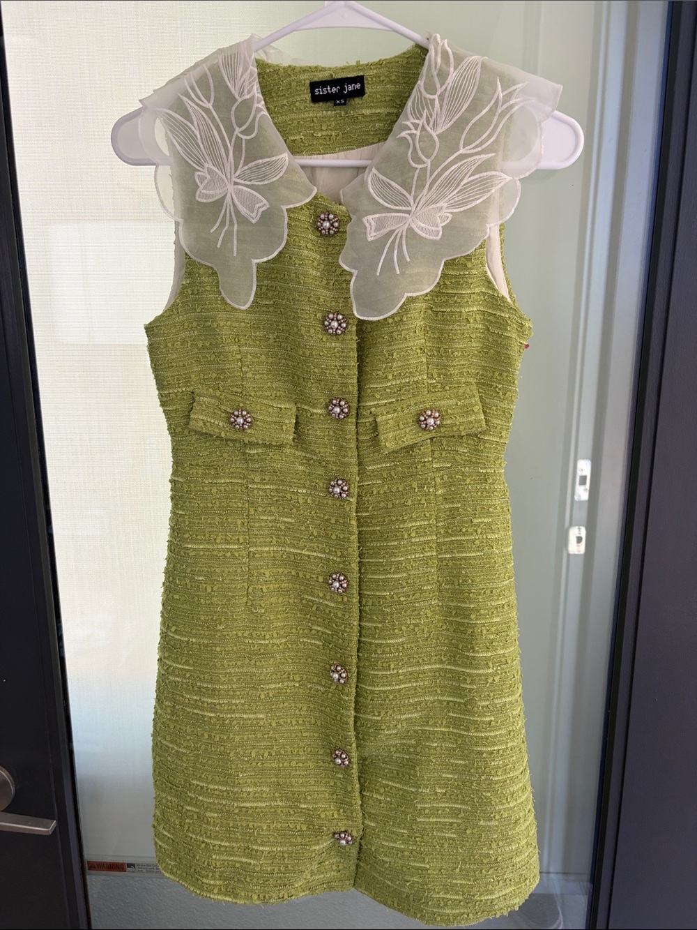 Sister Jane Lime Green Tweed Dress with Embroidered Peter Pan Collar